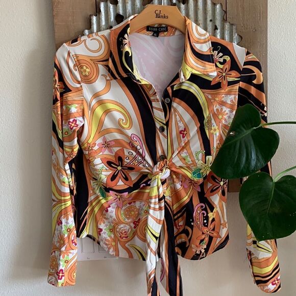 Vintage Hippie Shirt Plunging Self-Tie Soft Stretchy long sleeve top Xl - Picture 1 of 7